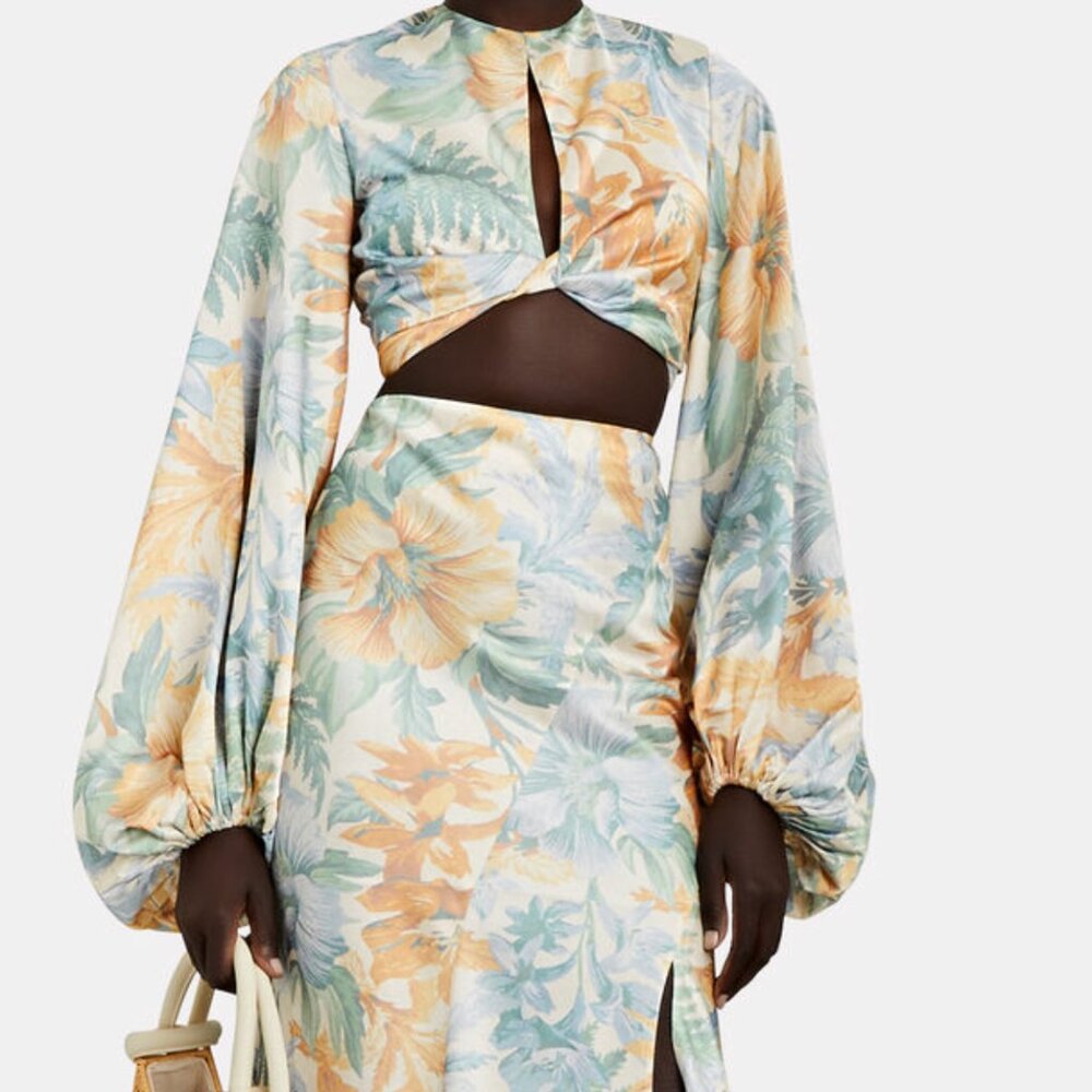 Mimi Floral Duchesse Satin Midi Skirt and Crop Top
